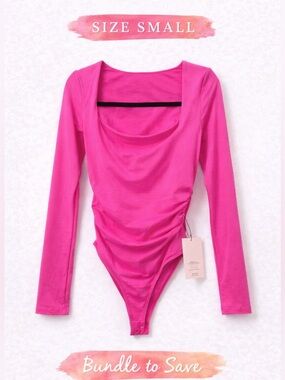 Shein BAE Pink Long Sleeve Bodysuit Ruched Scoop Neck NWT Size Small 💕